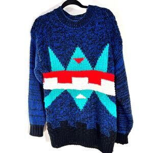 vintage LG handmade women's knit sweater oversized geometric crewneck L blue